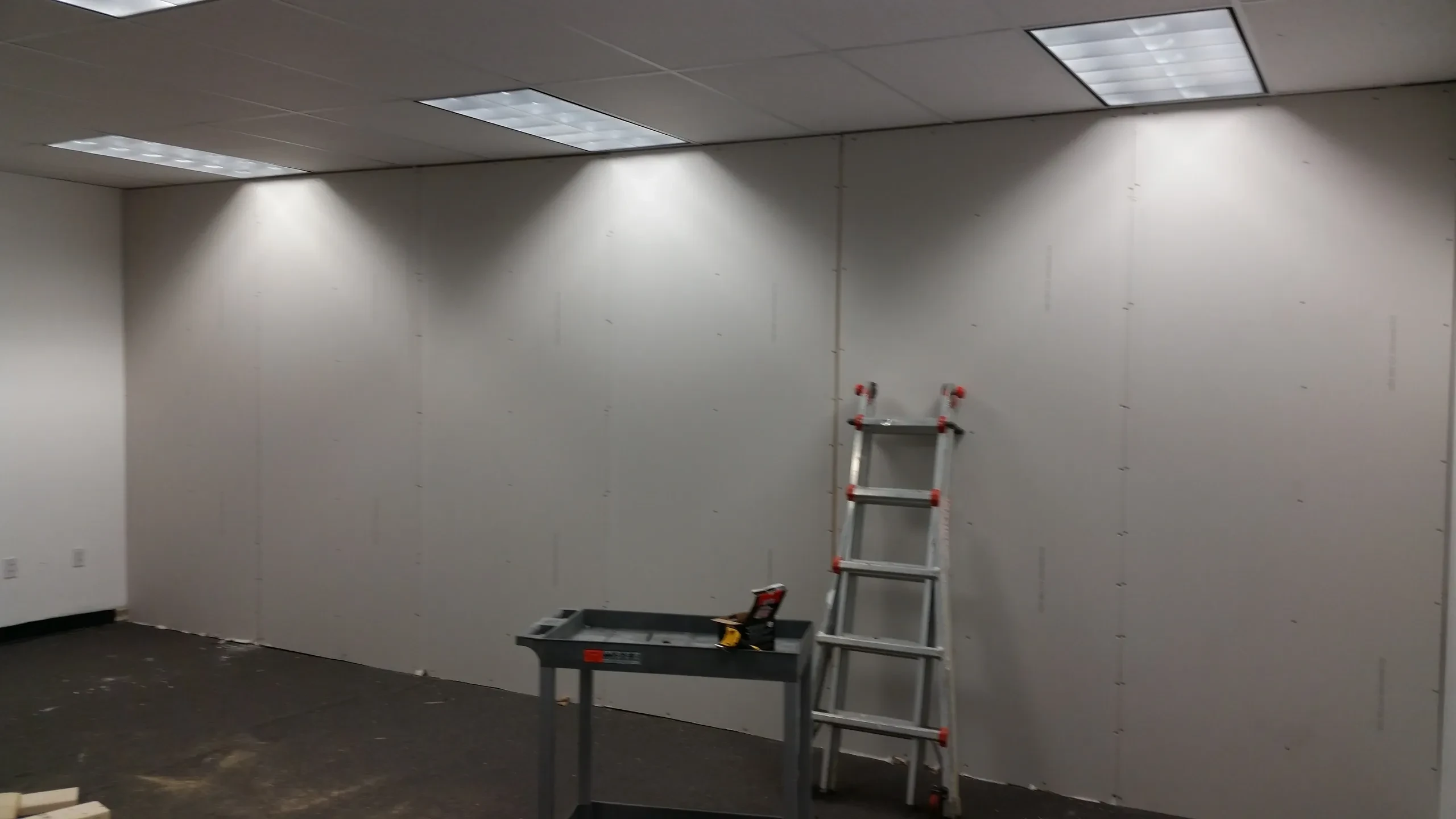 Drywall installation complete in commercial space
